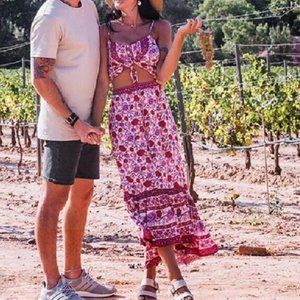 Rose Charm Boho Floral Print Midi Skirt